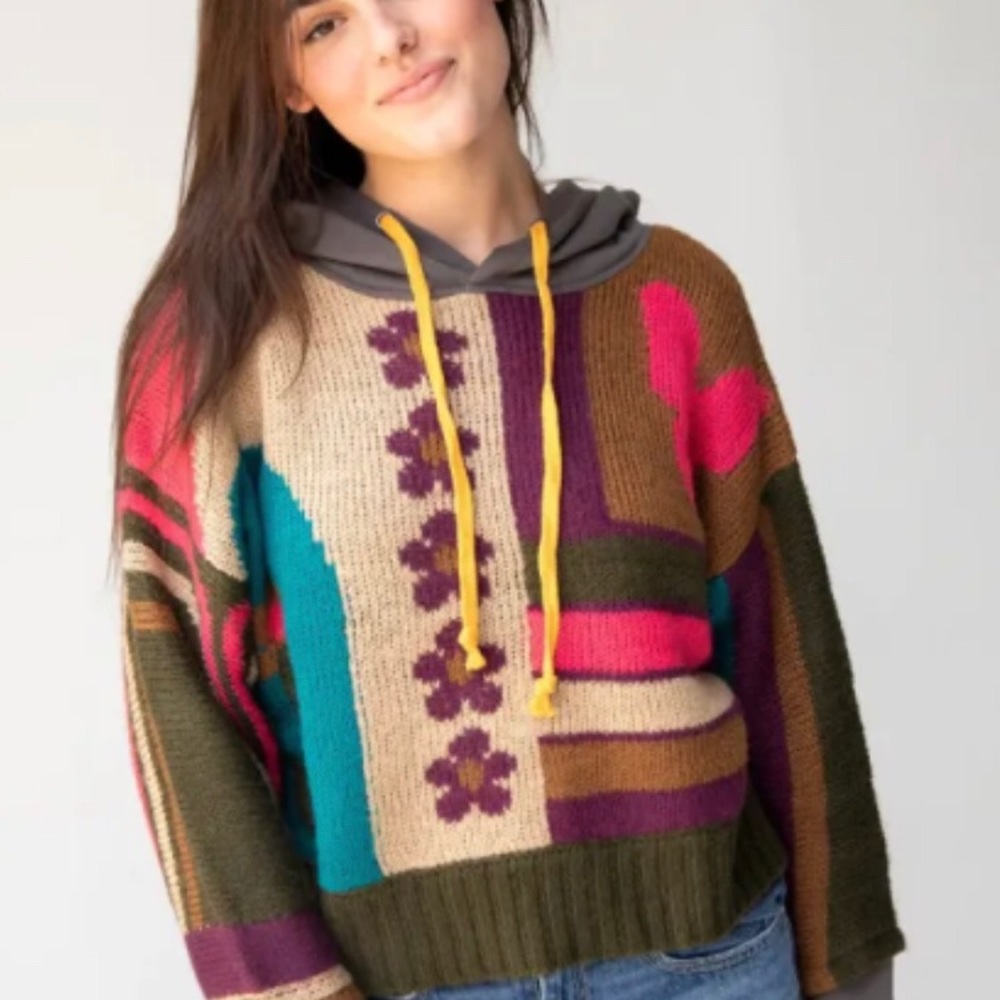 NATURAL LIFE Multicolor Graphic hooded Sweater - Olive, Teal & Coral